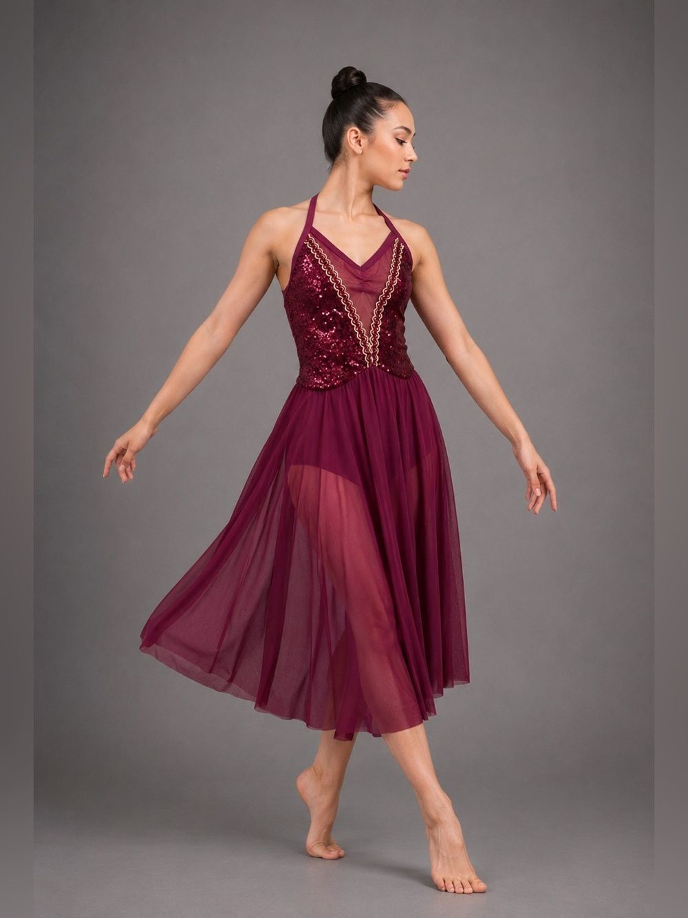 Weissman dance lyrical costume burgundy velvet sequin custom sample XSA adult
